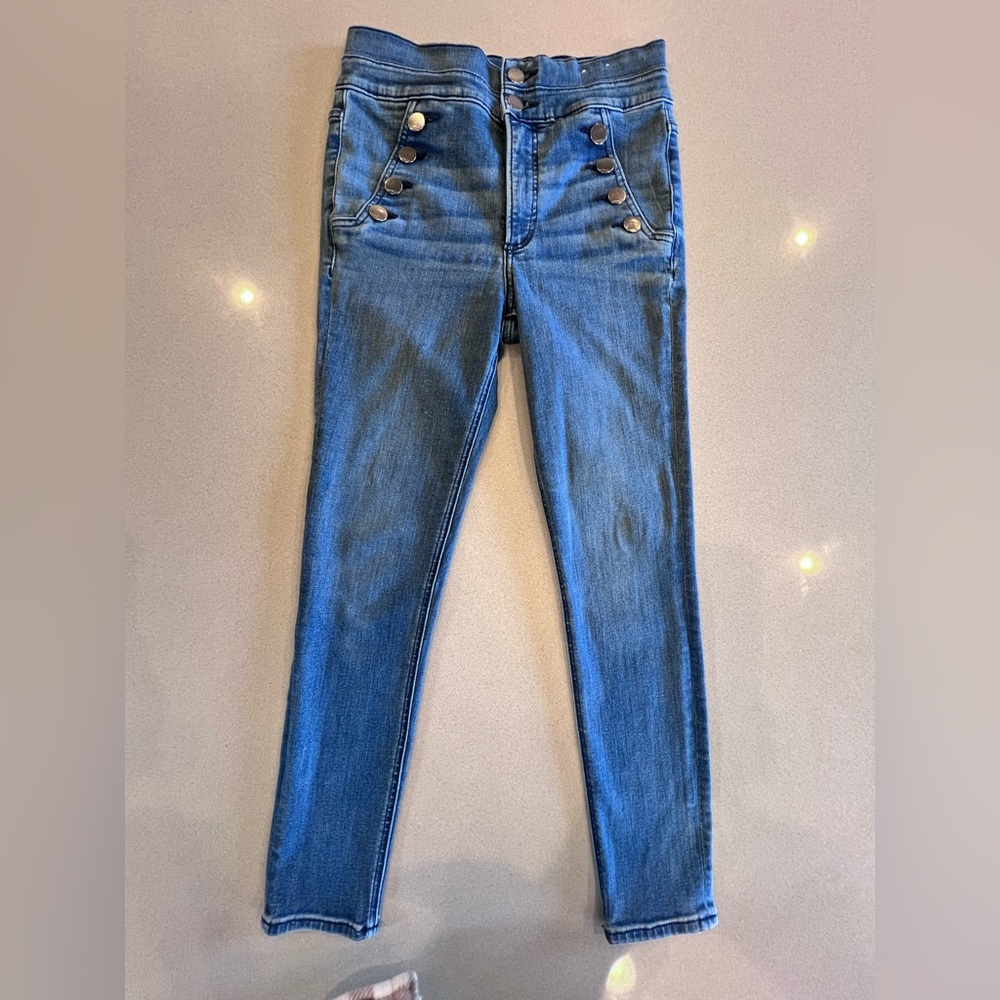 Express high rise side button stretch ankle legging denim perfect jean Sz 6R